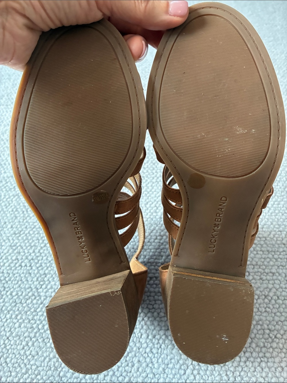 Lucky Brand Strappy Block Heel Caged Sandals, Saddle Brown, Size 7 - Picture 8 of 9